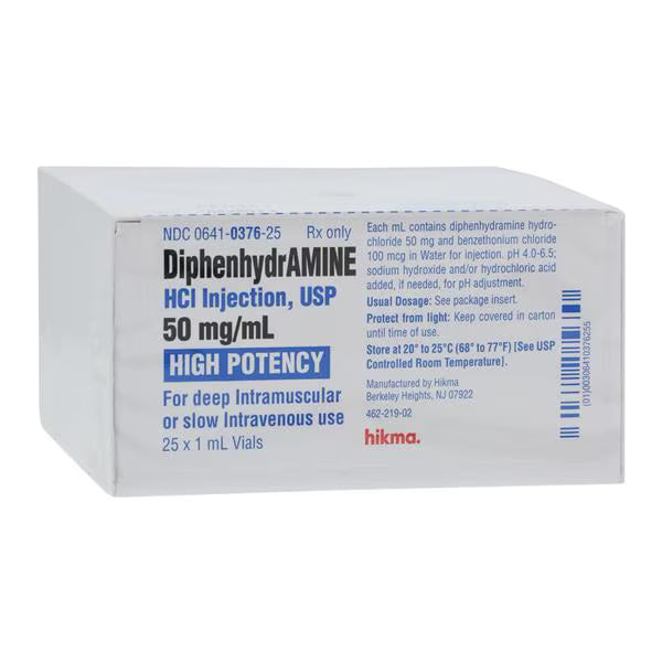 Diphenhydramine HCl Injection 50mg/mL SDV 1mL 25/Package Non-Returnable Sterile