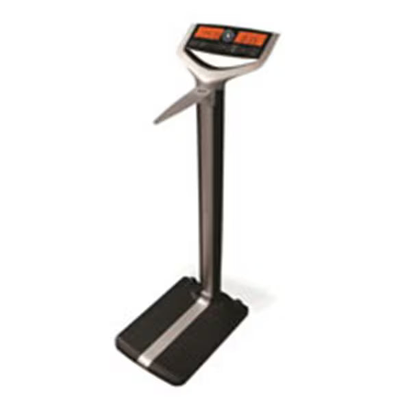 Digital scale with a black base and silver top on a white background